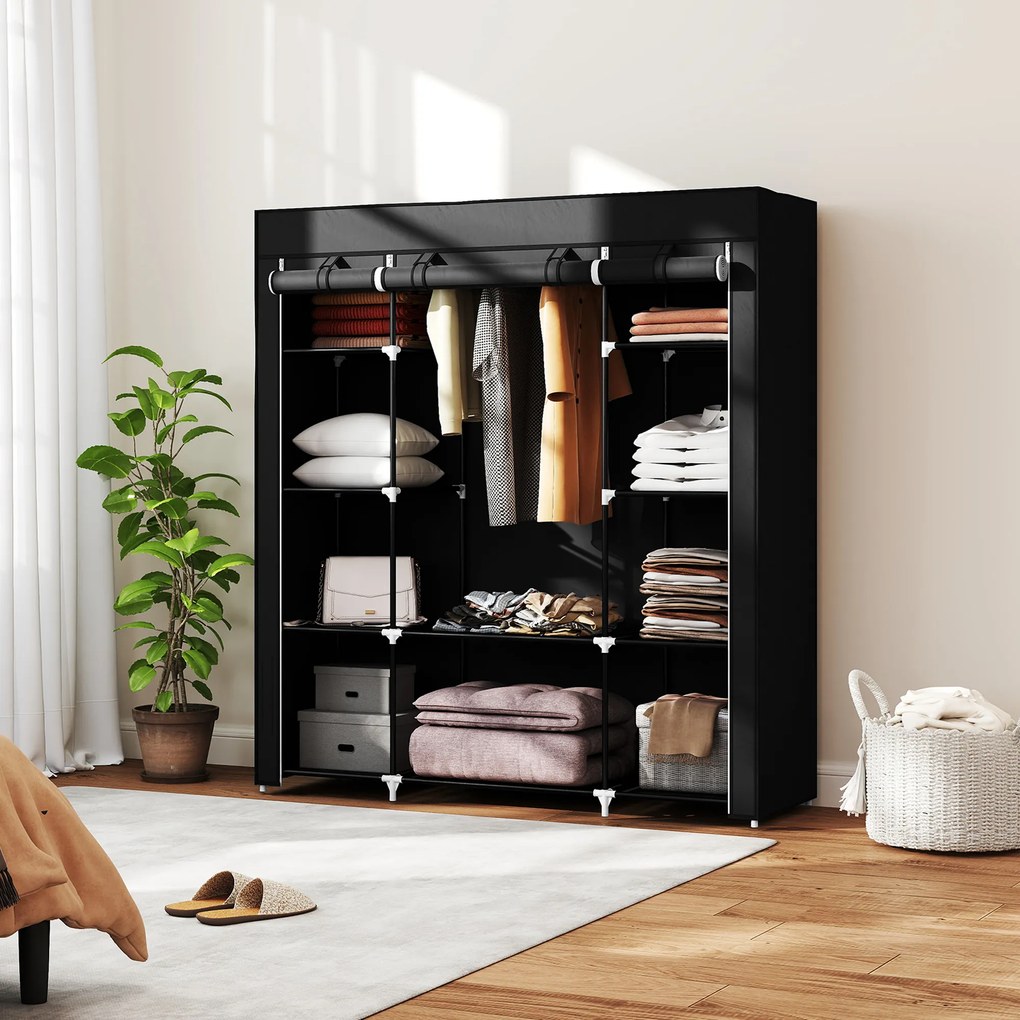 HOMCOM Szafa z włókniny Czarna Składana z 9 półkami i wieszakiem na ubrania 150x43x1625cm | Aosom PL
