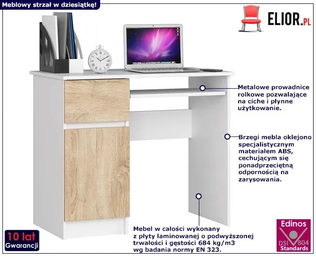 Biurko pod laptopa z szufladą biały + dąb sonoma T0-F04