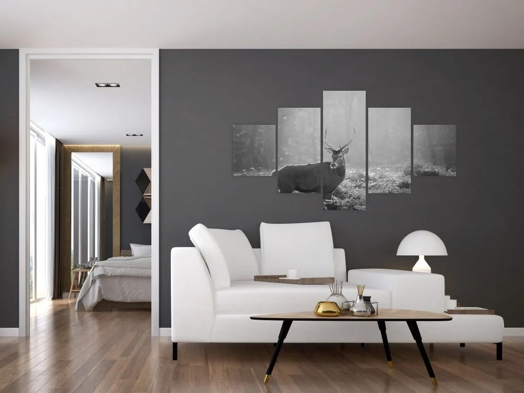 Obraz - Jeleń w lesie, czarno - biały (125x70 cm)