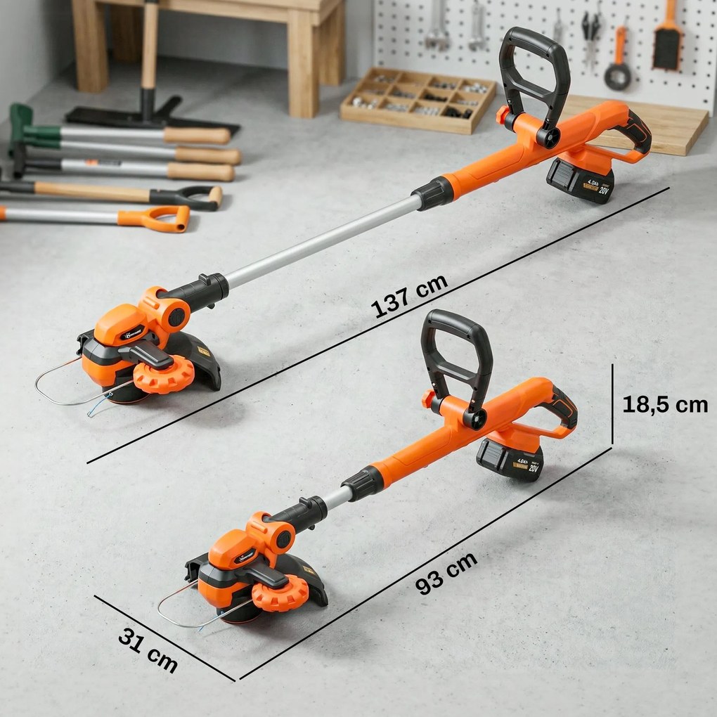 Outsunny Akumulatorowa podkaszarka 21 V z 2 x 4,0 Ah akumulatorami i ładowarką, szerokość cięcia 25 cm, regulowany teleskopowy uchwyt | Aosom PL