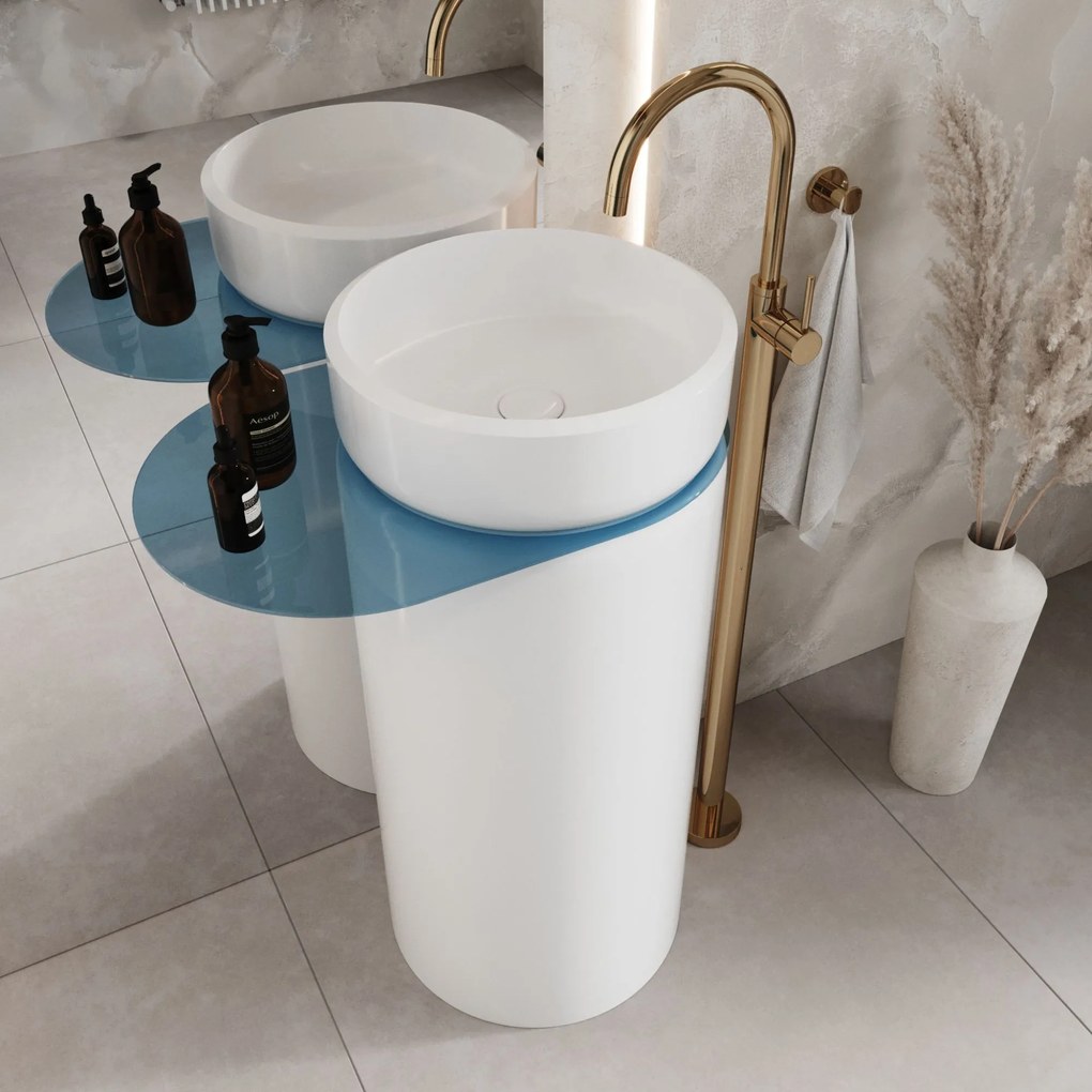 Umywalka z konglomeratu wolnostojąca okrągła z półką szklaną 85 x 40 cm RONA bez przelewu | Różne kolory półki : Kolor szkła - Czarny, Kolor umywalki RONA - Biały połysk, Podłączenie syfonu - Do ściany, Półka - Szklana