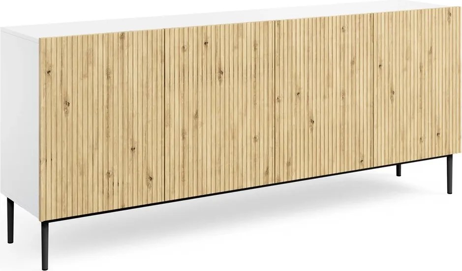 Komoda Nicole 200 cm czterodrzwiowa - biały / dąb artisan / czarne nóżki