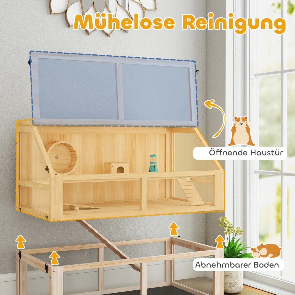 PawHut Klatka dla chomika z drewna 3 poziomy Klatka dla gryzoni z huśtawką, kołowrotkiem, domkiem 95 x 53 x 76 cm naturalne drewno | Aosom PL