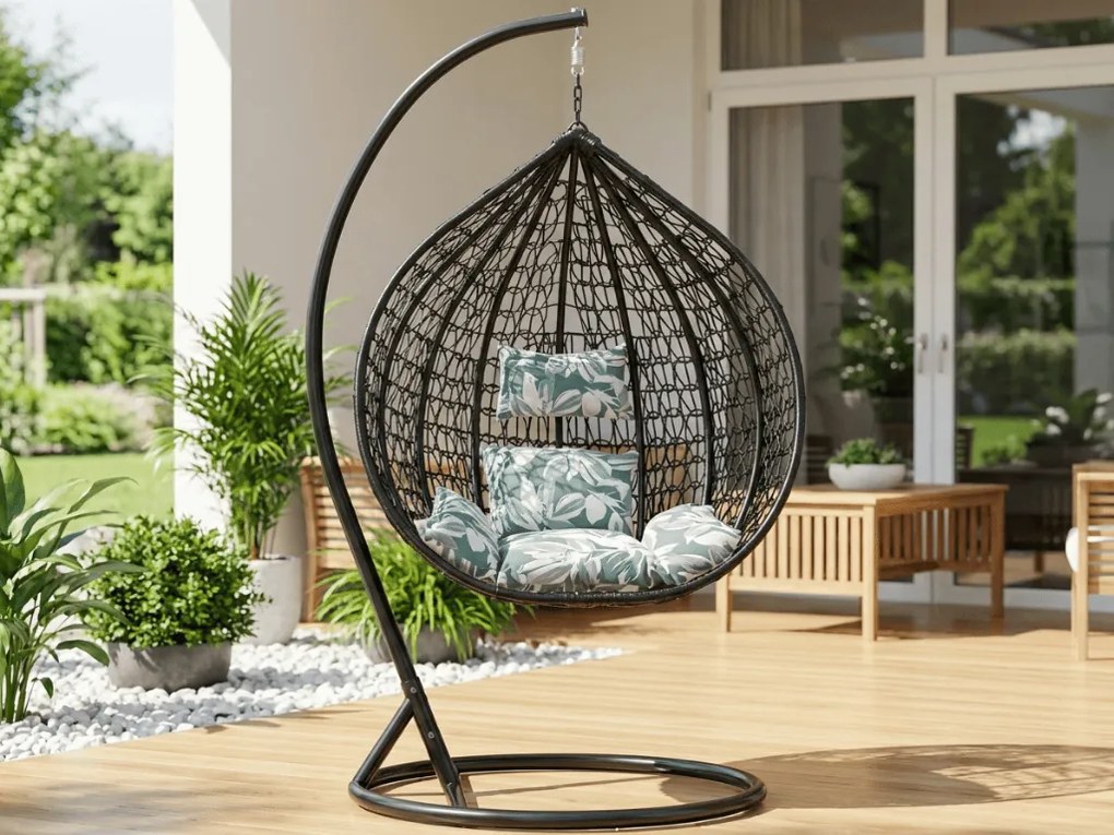 Czarne wiszące krzesło KOKON ze stojakiem, zielono-biała poduszka