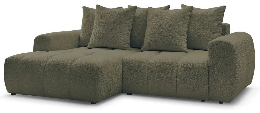 Rozkładany/ze schowkiem narożnik z materiału bouclé (lewostronny/z szezlongiem) w kolorze khaki Roxelane – Bobochic Paris