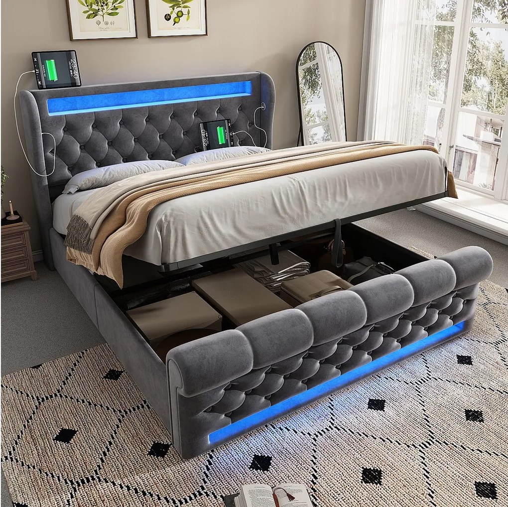 Łóżko z pojemnikiem 160x200 cm, szary aksamit, łóżko podwójne z oświetleniem LED i portami USB - bez materaca
