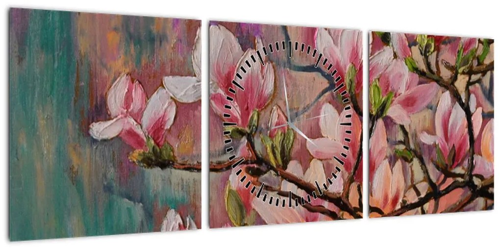 Obraz - Obraz olejny, Kwitnąca sakura (z zegarem) (90x30 cm)