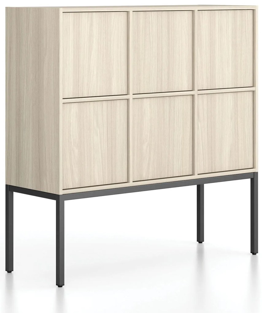 Szafa biurowa FRAME, niska, czarna podstawa, 6x drzwi, 1299 x 450 x 1331 mm, PUSH-Lock, dąb naturalny