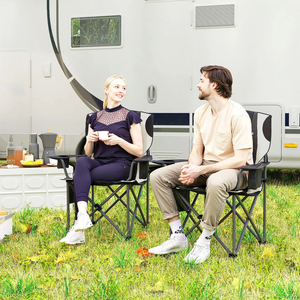 Outsunny Zestaw 2 Składanych Krzeseł Kempingowych z Podłokietnikami, Uchwytem na Napój i Chłodziarką, Czarne