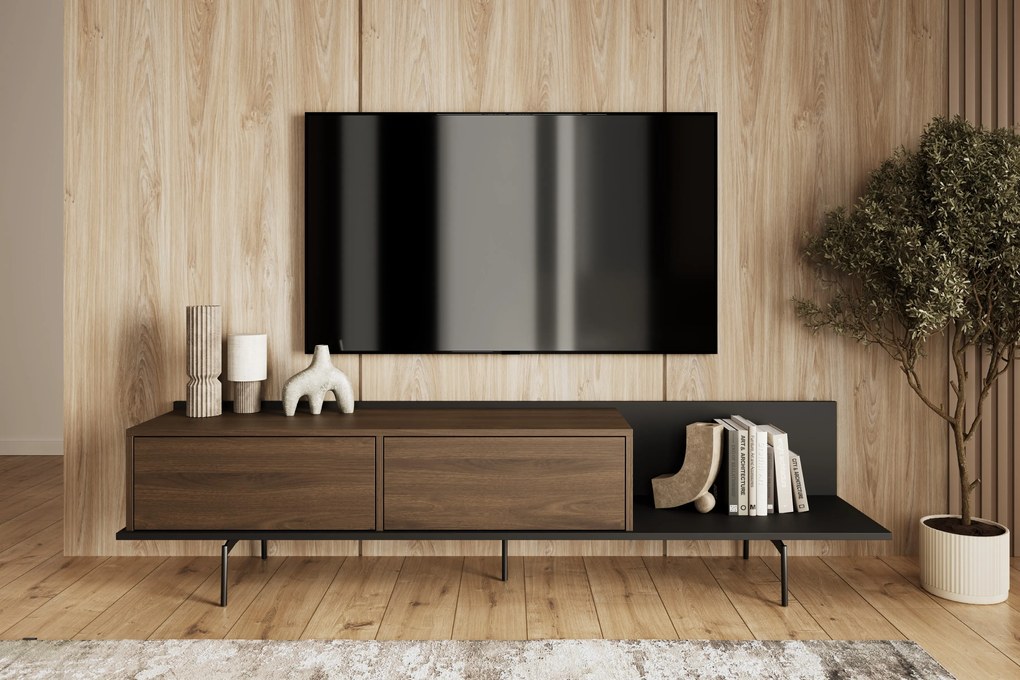 Szafka RTV Zenar 200 cm z metalowymi nogami - orzech elegant / czarny