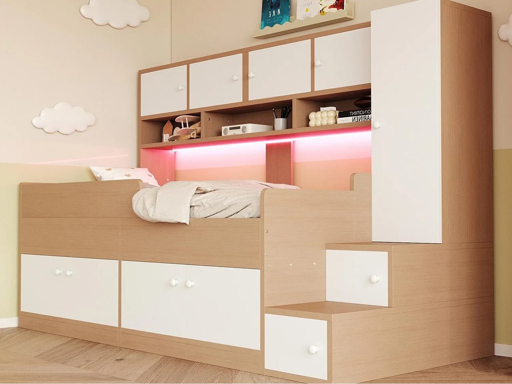 Łóżko dziecięce 90x200cm - z miejscem do przechowywania - z półkami - z szafą - z oświetleniem LED - naturalny​ (materac nie jest wliczony w cenę)