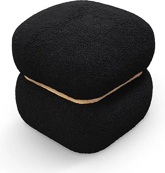 Kwadratowa pufa z czarnej tkaniny z efektem wełny i drewnianym pierścieniem - BOSTON