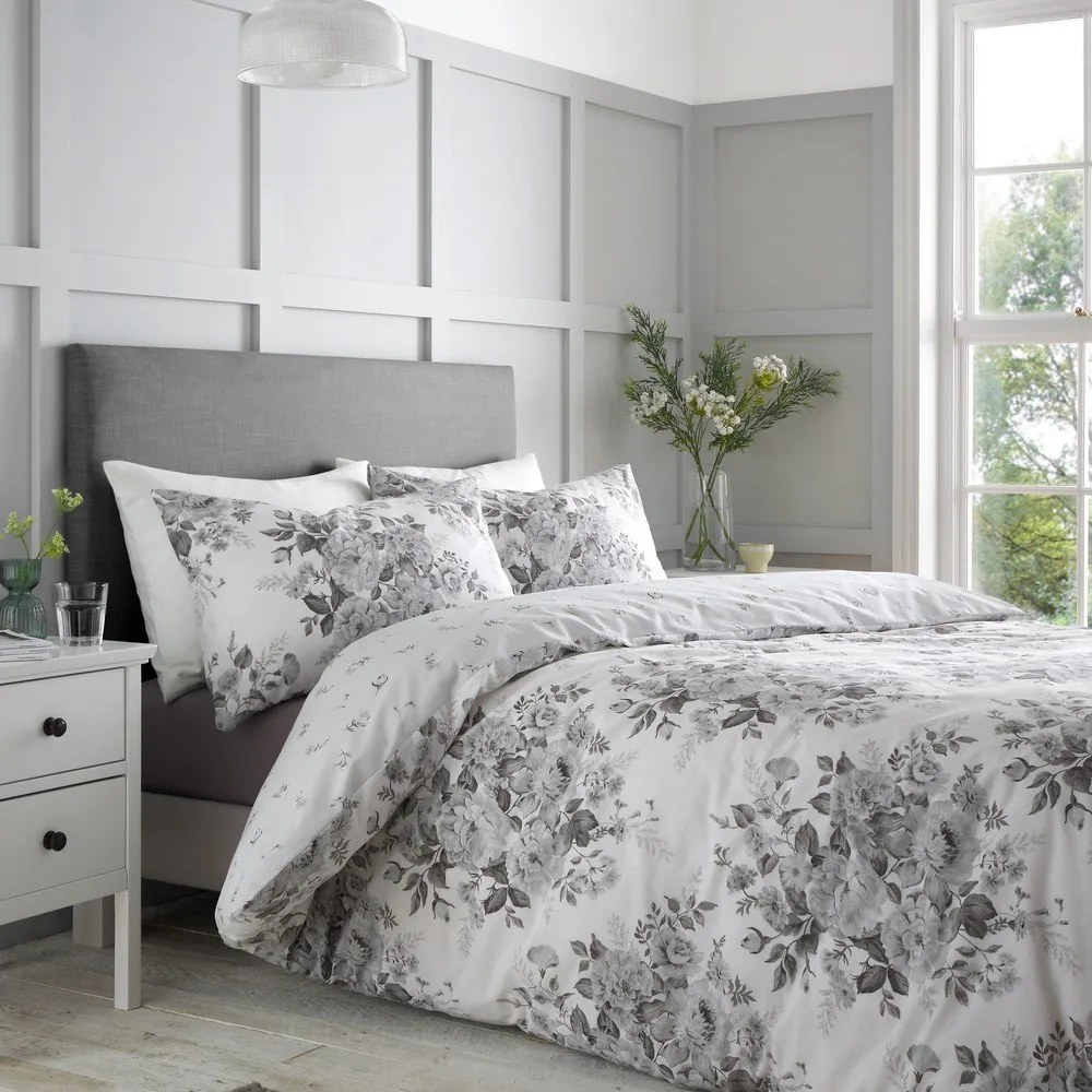 Szara pościel dwuosobowa 230x220 cm Elinda Floral – Catherine Lansfield