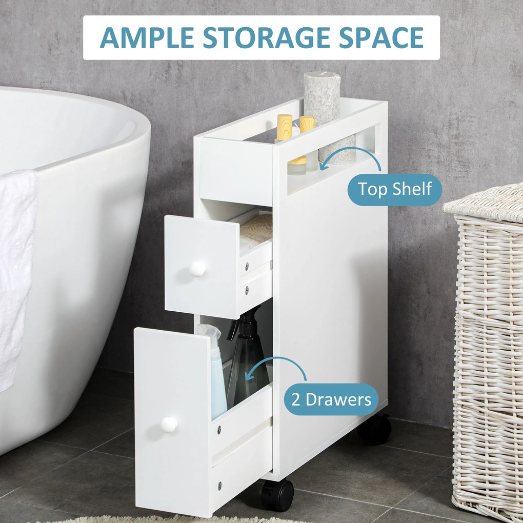 HOMCOM Biała szafka łazienkowa na kółkach smukły design z 2 szufladami praktyczne przechowywanie | Aosom PL
