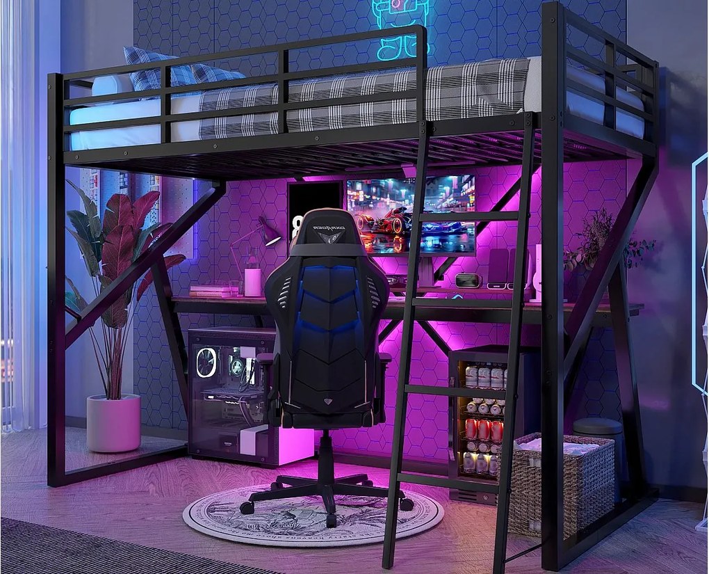 Łóżko antresolowe 90x200 cm - konstrukcja stalowa - z oświetleniem LED - z rampą + drabinką - z biurkiem - czarne