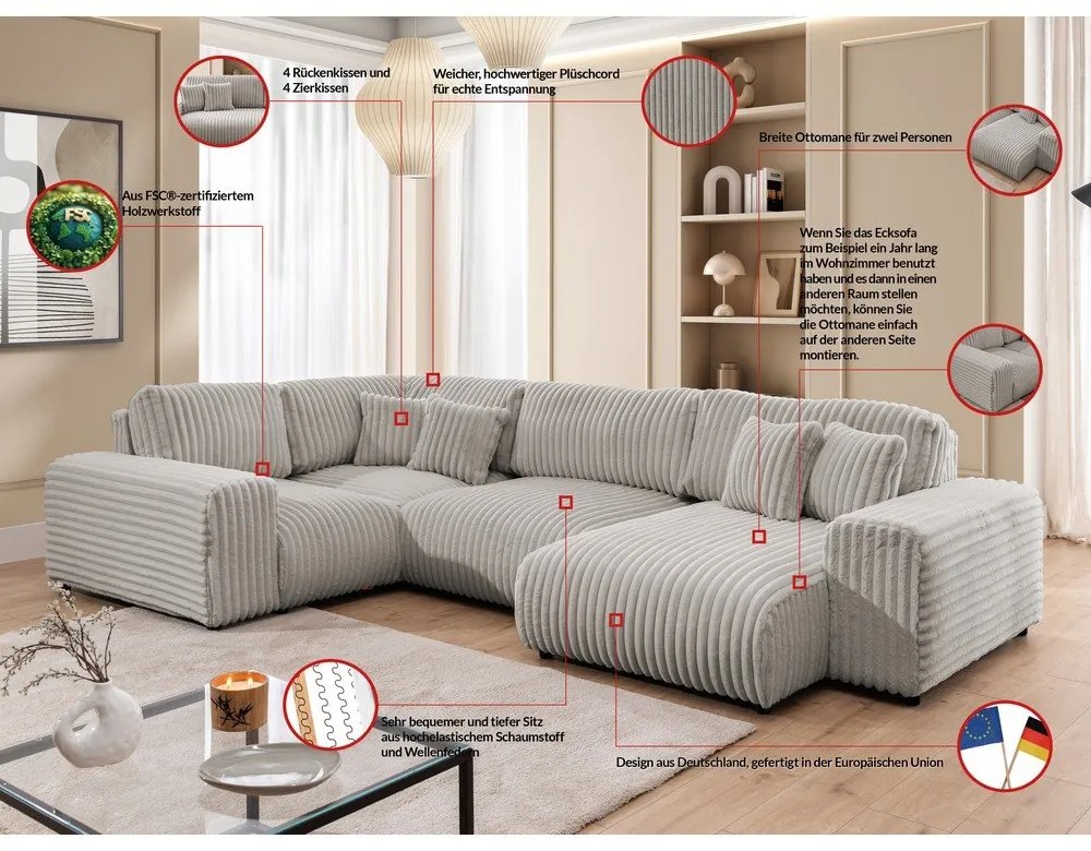 Jasnoszary sztruksowy narożnik (lewostronny/w kształcie litery U) Justin – Ropez