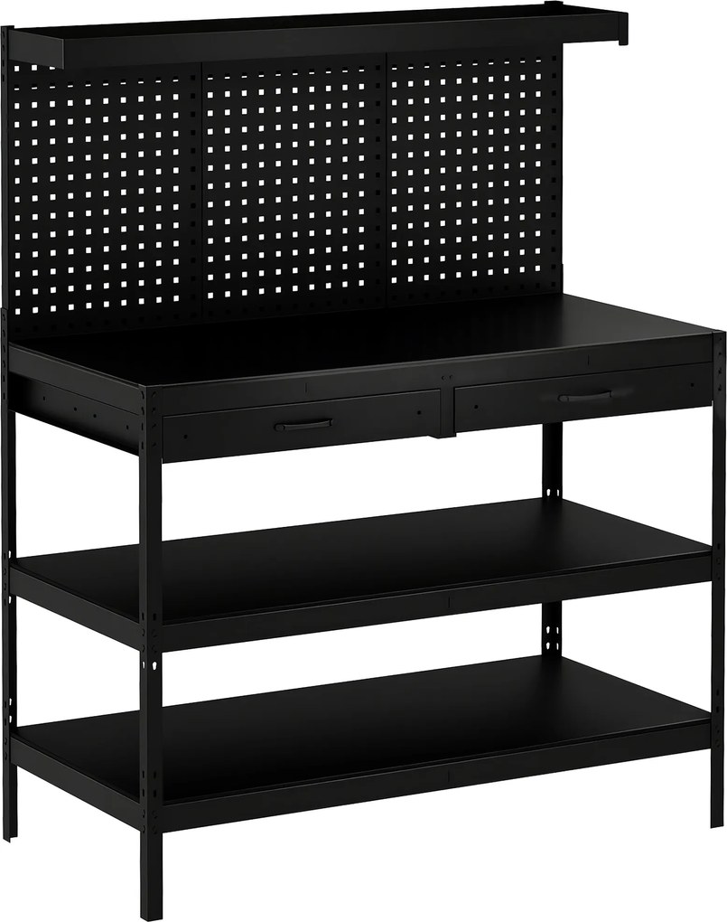 HOMCOM Stacja robocza z regulowanymi półkami, solidna stacja robocza z perforowaną płytą i 2 szufladami, 122 x 61 x 156 cm, Czarna | Aosom PL