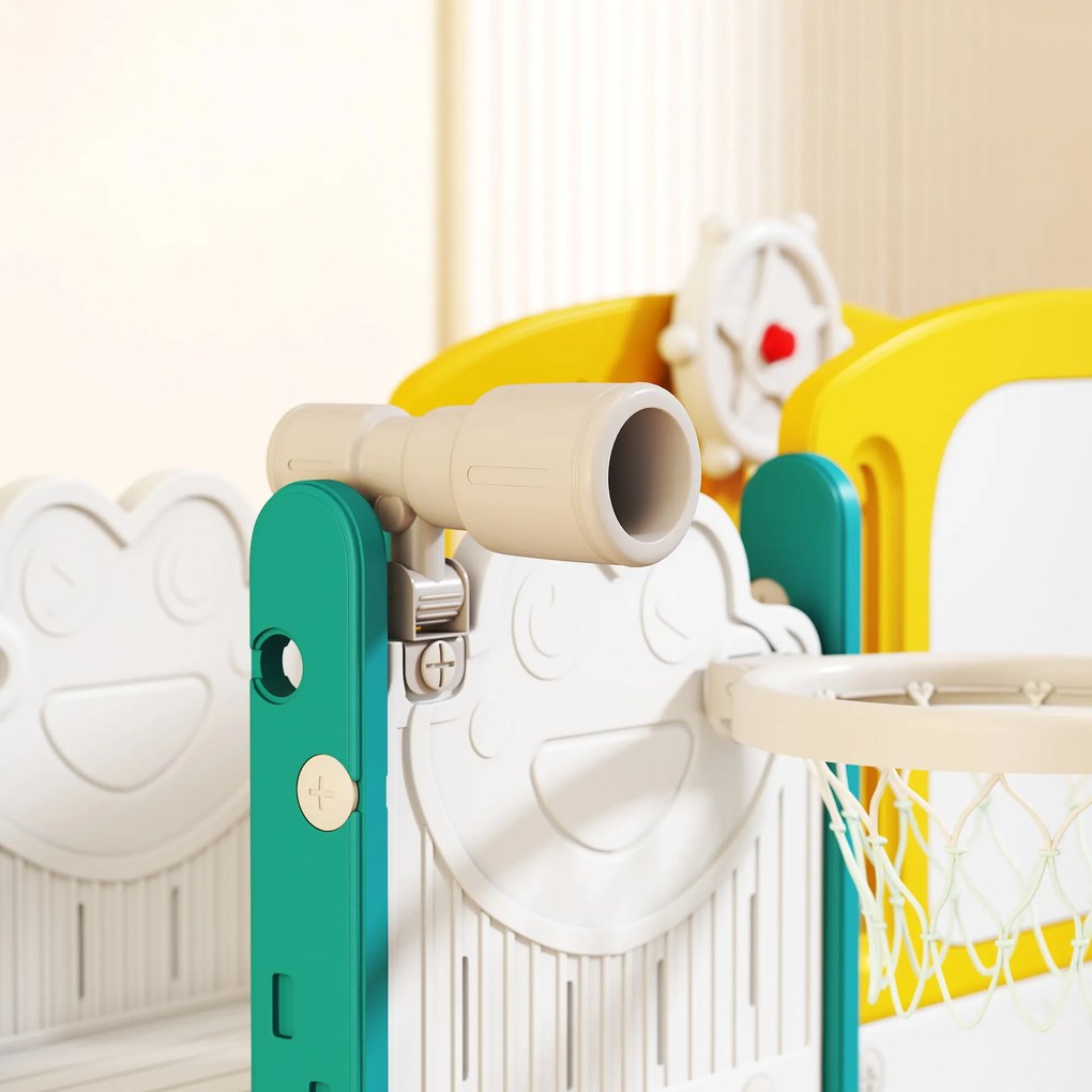 AIYAPLAY Zestaw zjeżdżalni 7 w 1 dla dzieci, kosz do koszykówki, motyw żabki, urządzenie do wspinaczki, siedzisko huśtawki, do użytku wewnętrznego i zewnętrznego, Żółty+Zielony