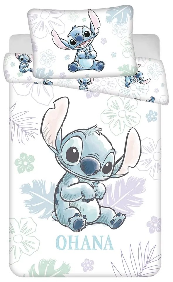 Biała bawełniana pościel dziecięca do łóżeczka 100x135 cm Lilo and Stitch "Ohana White" – Jerry Fabrics
