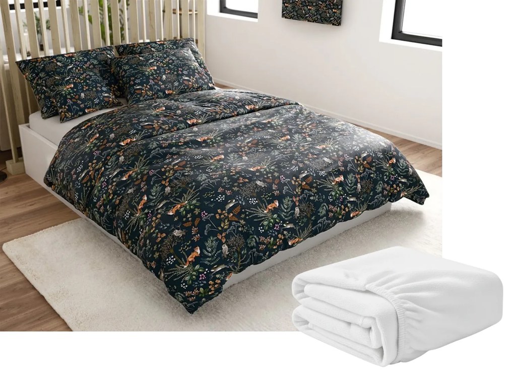 PrzytulneMieszkanie.pl PrzytulneMieszkanie.pl PrzytulneMieszkanie.pl Zestaw 2 szt. pościeli z mikropluszu THE FOX AND THE HARE ciemnozielone + prześcieradło z mikropluszu SOFT 180x200 cm białe, podwójne łóżko