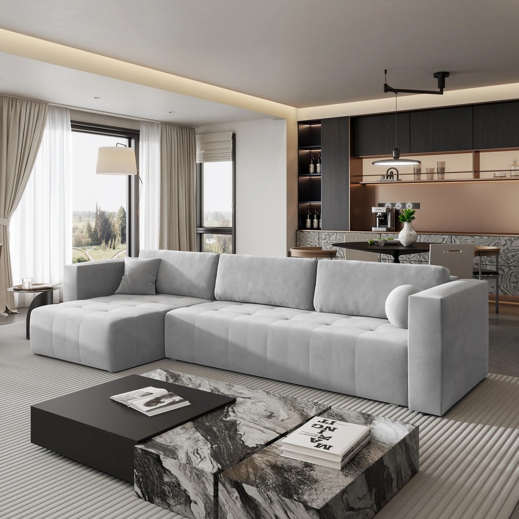 Masseno Narożnik OLVERA z funkcją spania i pojemnikiem na pościel Narozniki L, Rozkładana sofa - Jasnoszary, PAROS 05