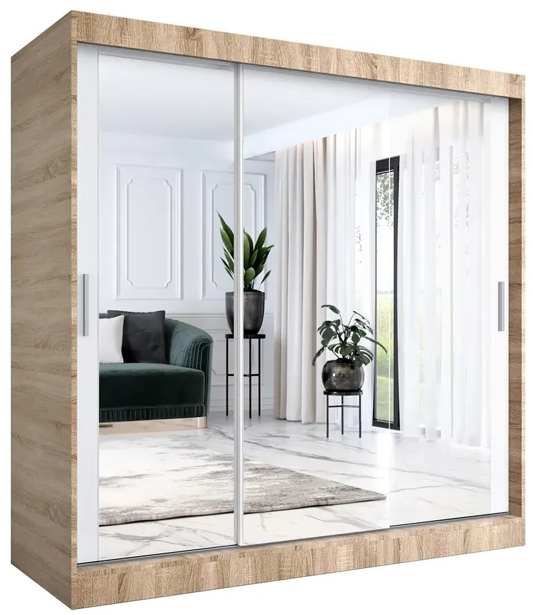Szafa Przesuwna Biały Z Lustrem Dąb Sonoma + 200 Cm 90 Cm K8-D05