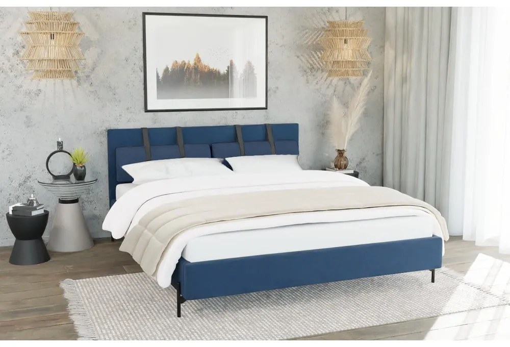 Ciemnoniebieskie tapicerowane łóżko dwuosobowe ze stelażem 140x200 cm Tulsa – Ropez
