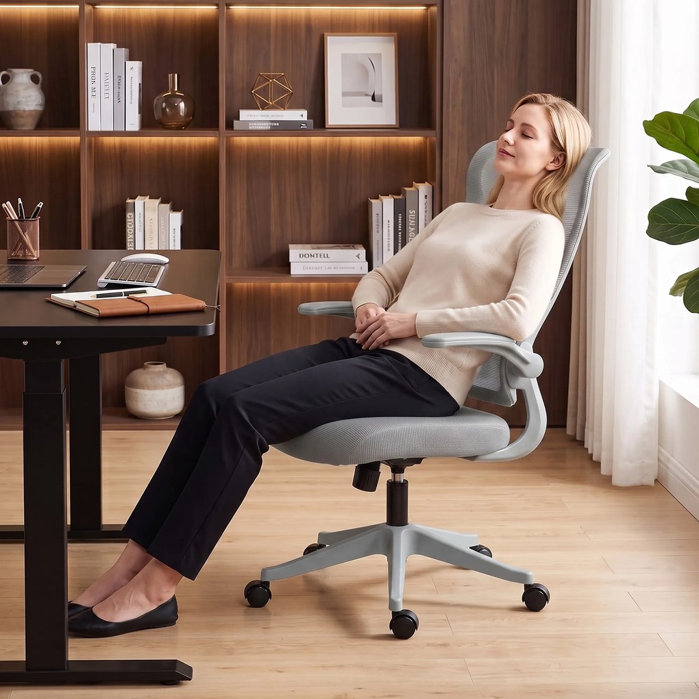 HOMCOM Ergonomiczne siatkowe krzesło biurowe, obrotowe krzesło z wysokim oparciem, składane podłokietniki, funkcja kołysania, szary | Aosom PL