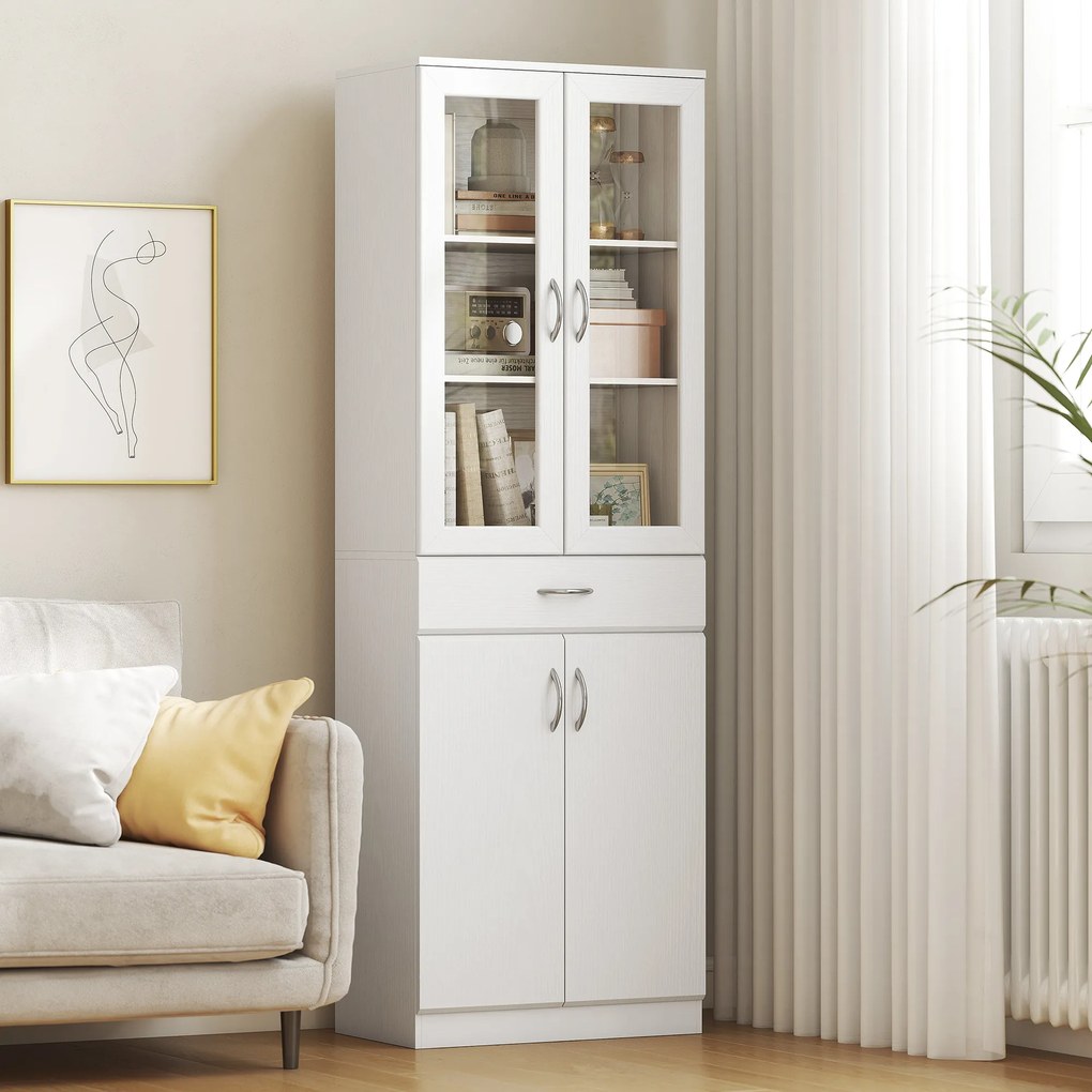 HOMCOM Szafka kuchenna wysoka kredens biały z szufladą regulowaną półką i szklanymi drzwiami 60x35x180 cm | Aosom PL