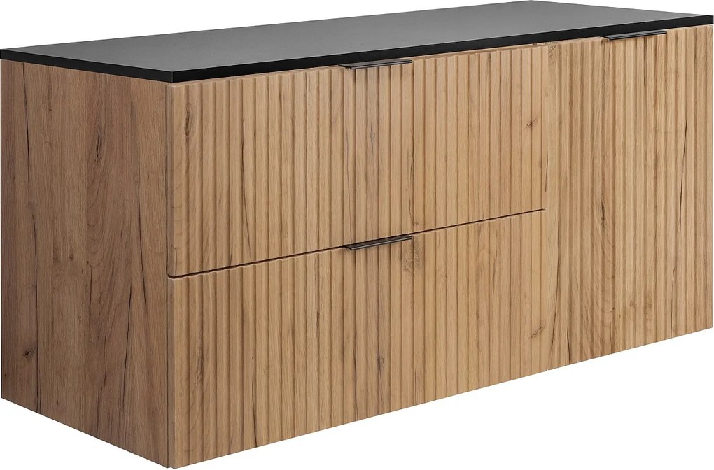 Zestaw łazienkowy: szafka z szufladami i szafka z drzwiami 57×46×120 cm, kolor: Dąb Craft / blat czarny, uchwyt czarny