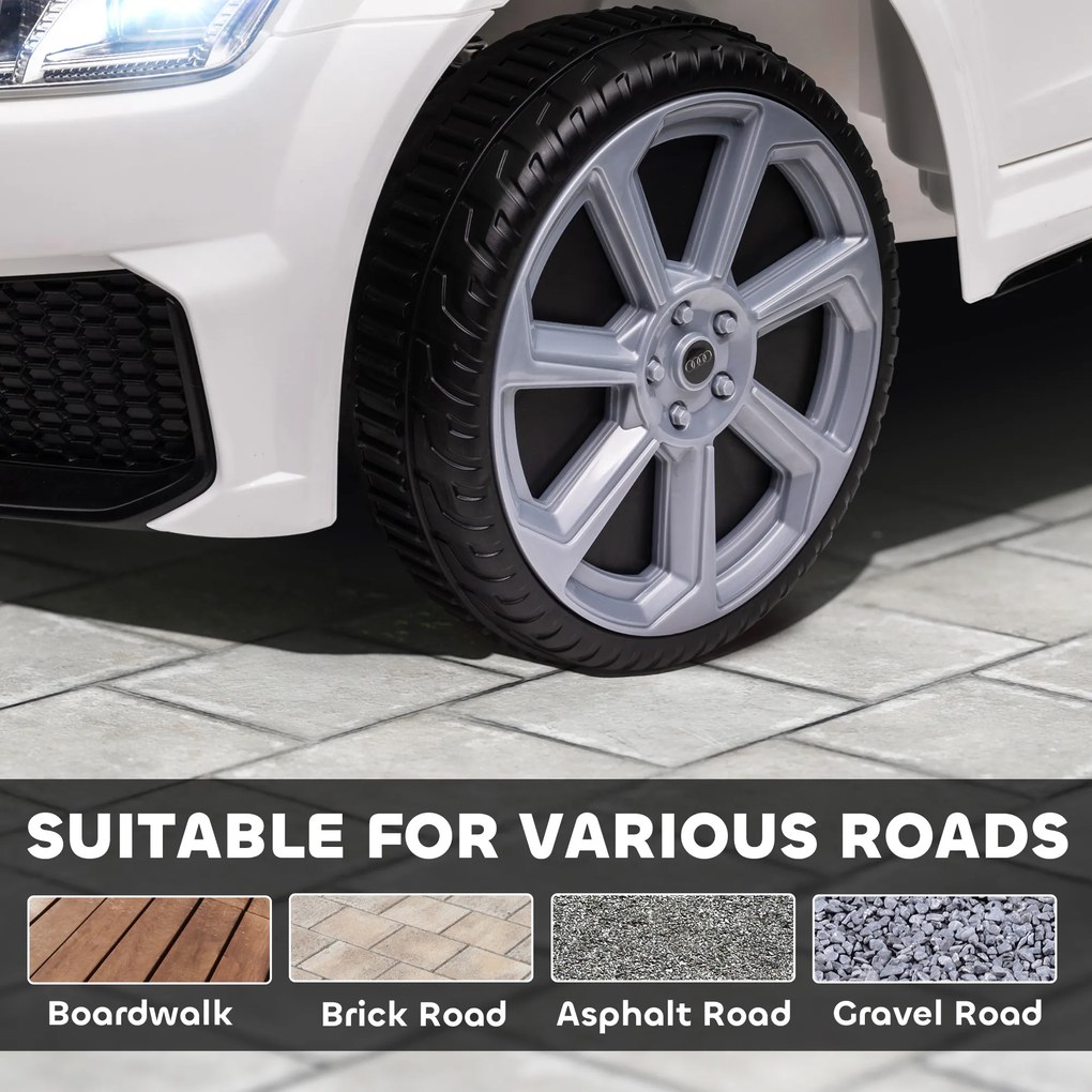 HOMCOM Elektryczny samochód dla dzieci, Audi TT RS Roadster, 3 km/h, pilot zdalnego sterowania, LED, USB, Biały