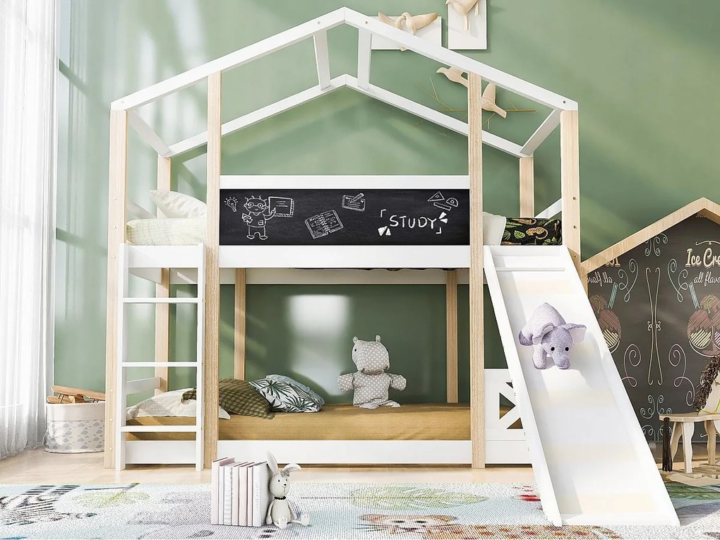 Łóżko piętrowe domek 90x200cm - z drabinką i zjeżdżalnią - rama sosnowa - Białe