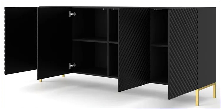 Długa komoda z frontem 3D czarny mat + złote nóżki - Resa 4X