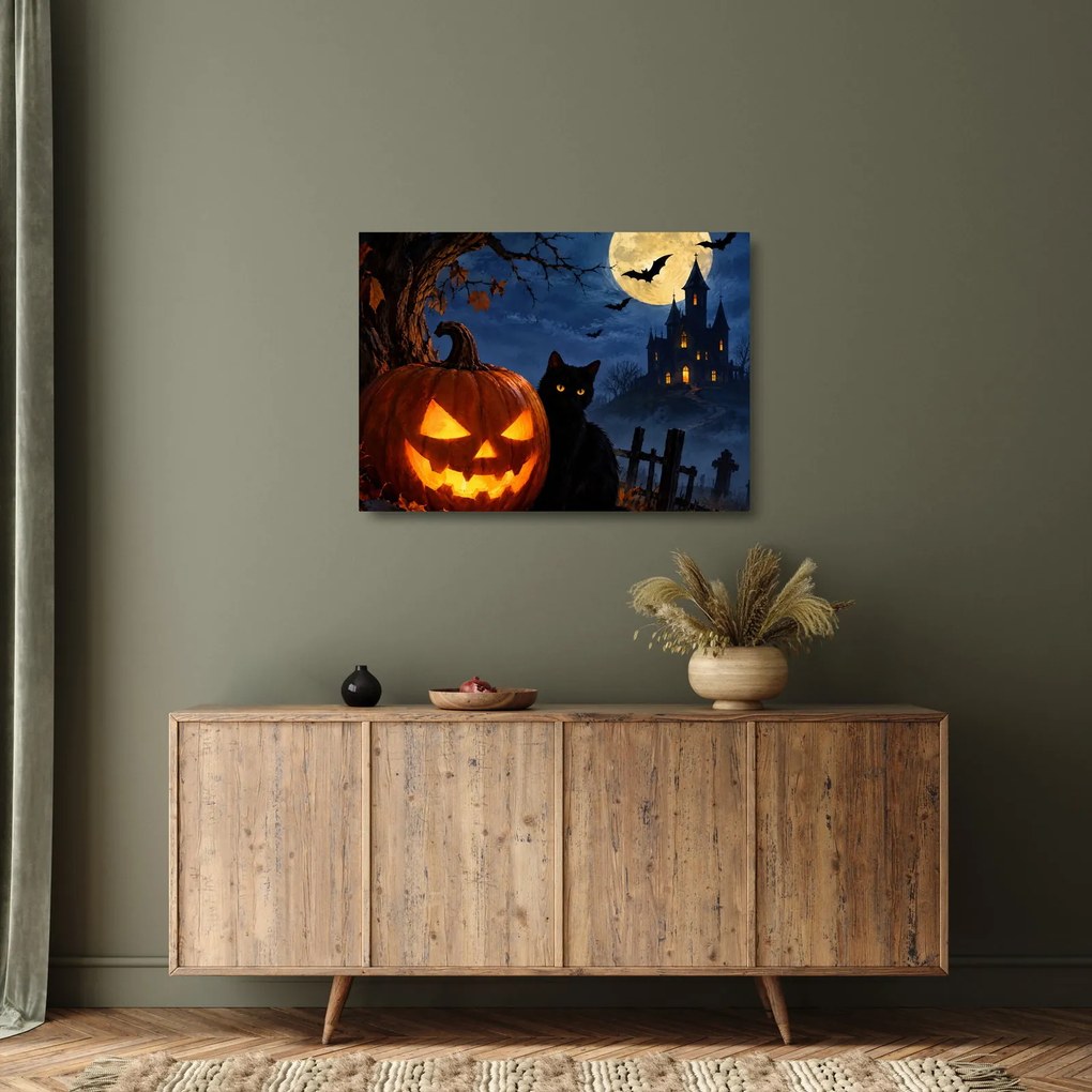 Obraz na szkle - Czarny kot przy świecącej dyni na Halloween (70x50 cm)