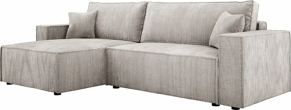 Narożnik POSO XL z funkcją spania - rozkładany, tkanina prążkowana, sprężyny faliste, jasnobeżowy, wygodny, 274x143x83 cm