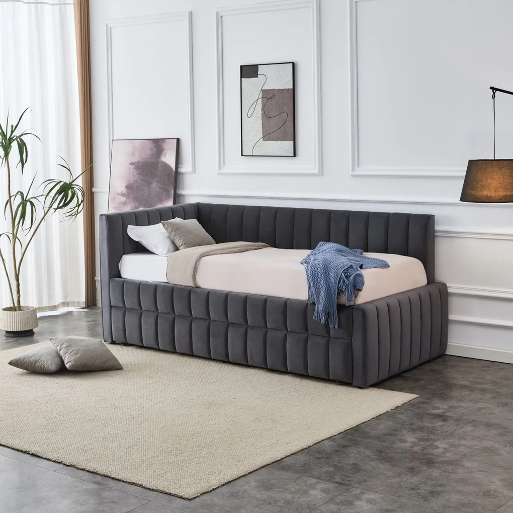 Łóżko 90x200 z drugim wysuwanym miejscem do spania szary welur DERBY