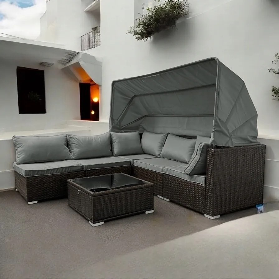 Wielofunkcyjny zestaw mebli ogrodowych - narożnik, leżanka z daszkiem Galicja 101 brąz, poduszki szare