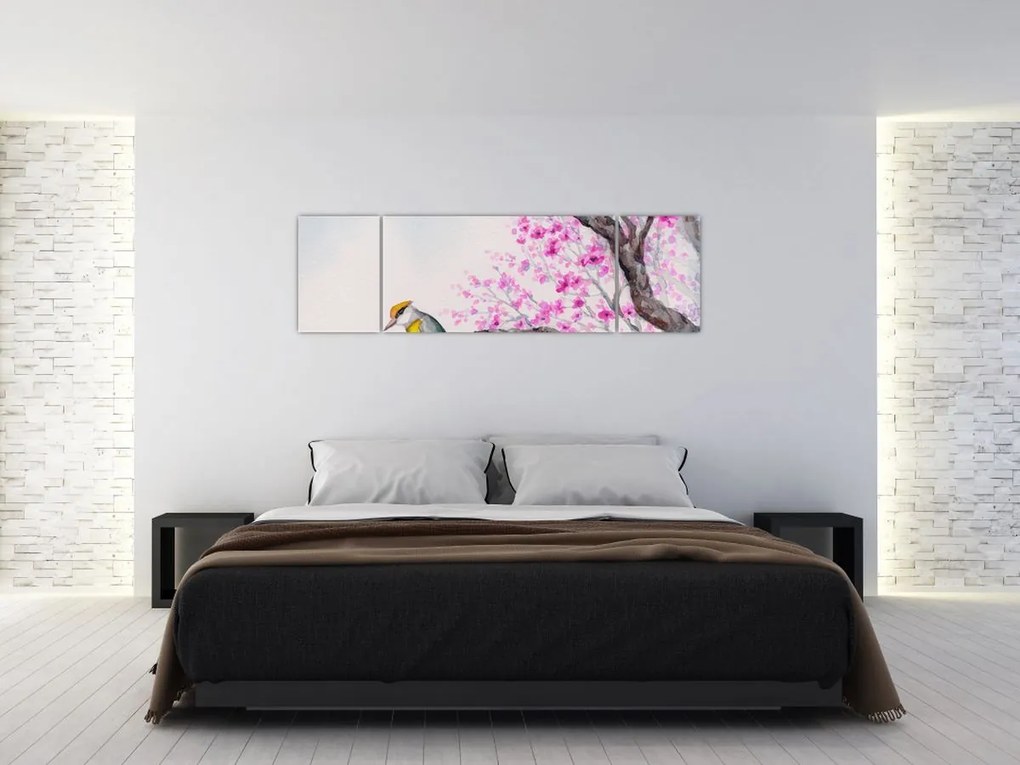 Obraz - ptak na drzewie z różowymi kwiatami (170x50 cm)