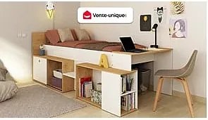 Łóżko piętrowe 90 x 200 cm z biurkiem i schowkami - Biały i naturalny + Stelaż - PALOMA