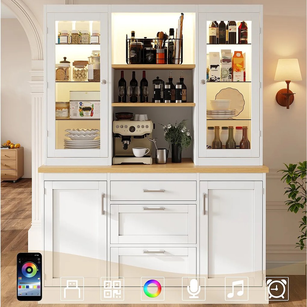 Wysoka komoda kuchenna - 140 x 40 x 185 cm - z 3 szufladami + 2 drzwiami do przechowywania + diodami LED + półkami - MDF - biała