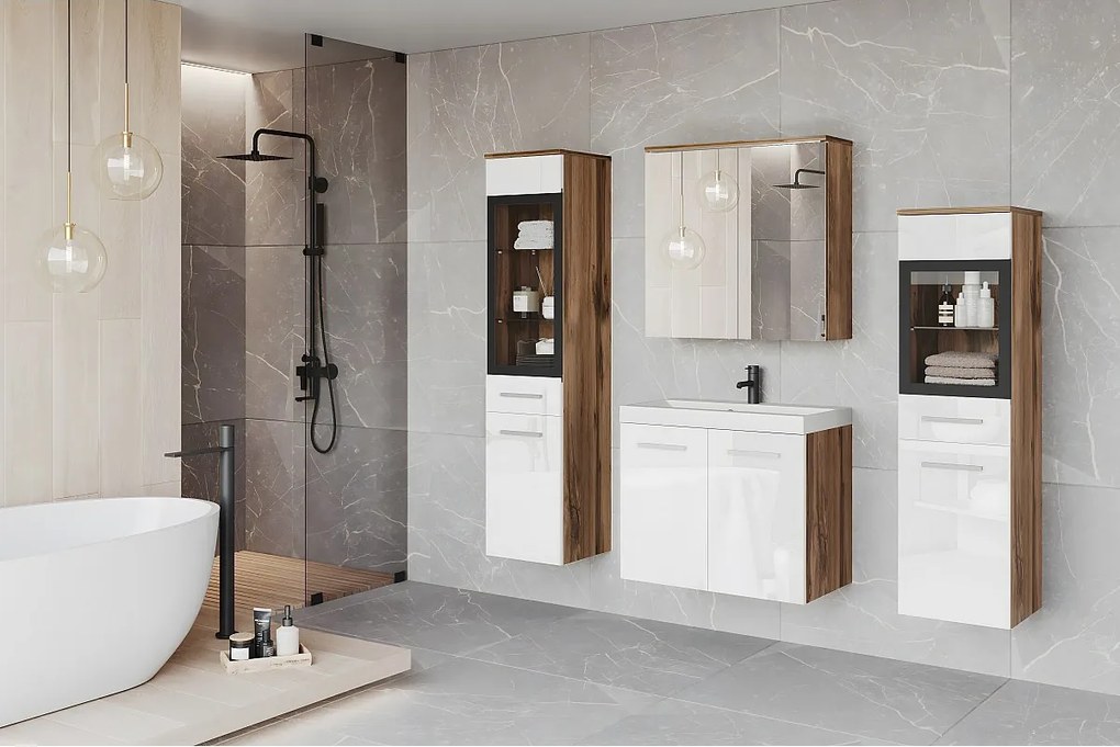 Meble łazienkowe, zestaw wiszący do łazienki z umywalką, 2 słupkami i szafką lustrzaną, korpus dąb wotan mat / fronty biały połysk