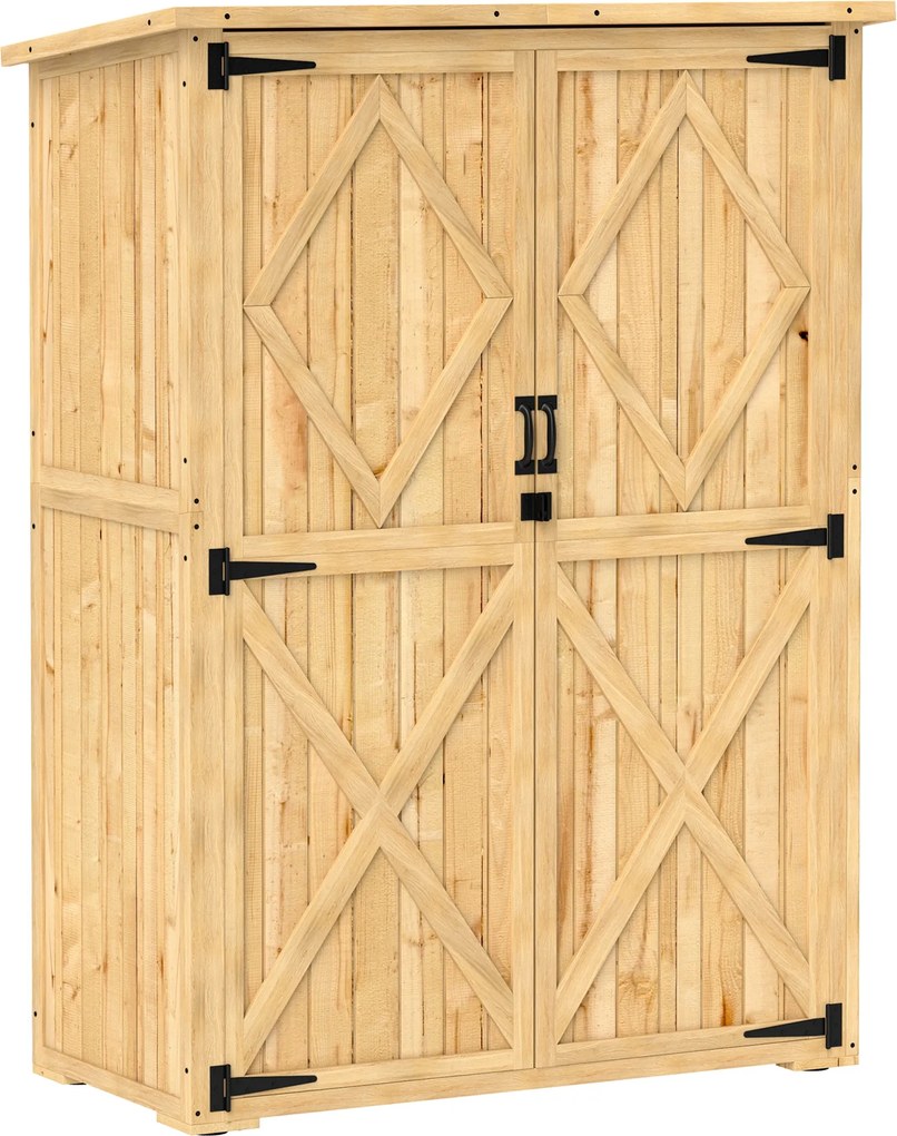 Outsunny Szafa Ogrodowa na Narzędzia, Drewniany Schowek z Dachem z Asfaltu, Podwójnymi Drzwiami, Świerk, Jasnobrązowy