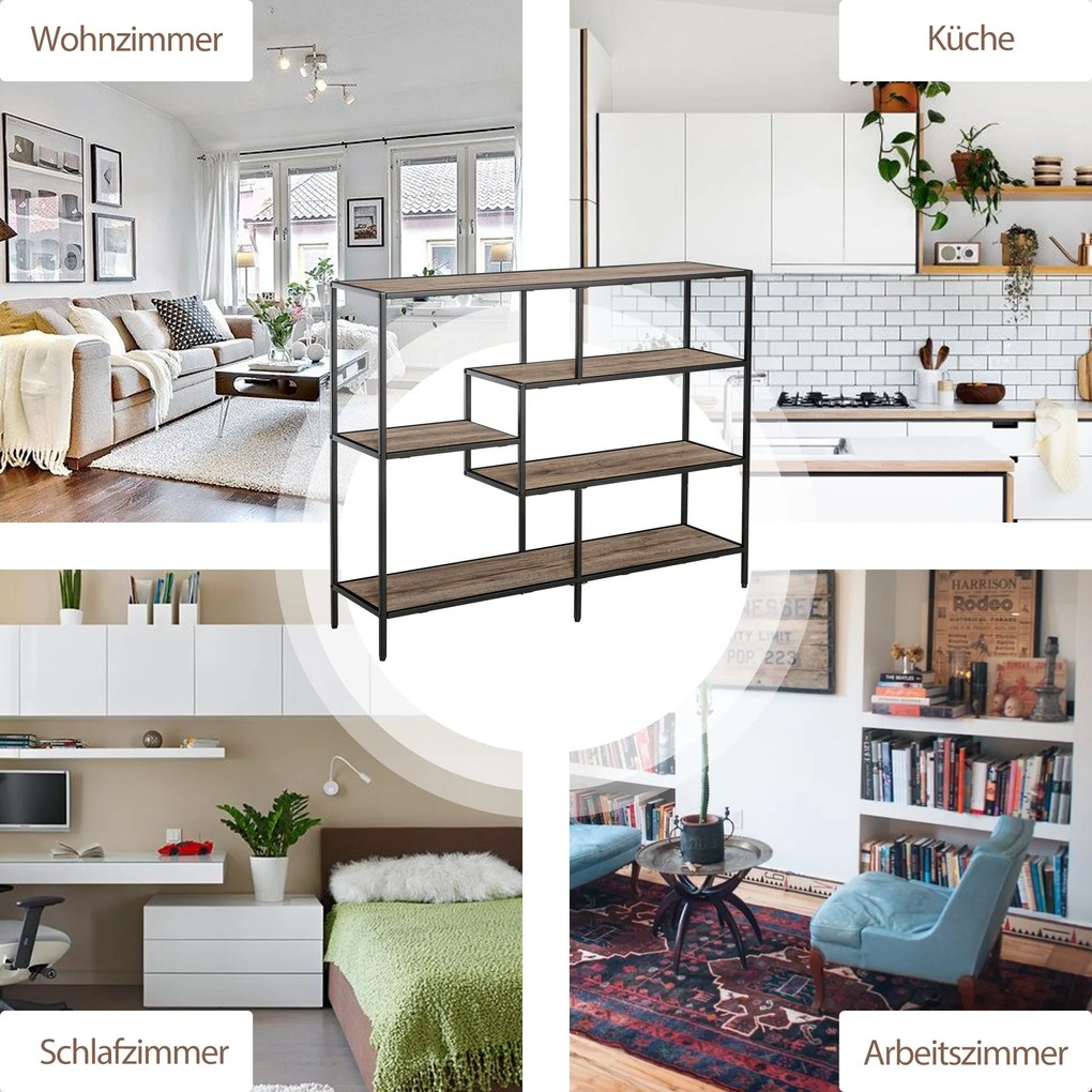 Regał HOMCOM, Biblioteczka w stylu industrialnym, Regał na dokumenty, Kuchenny, Płyta wiórowa P2, Metal, Czarny+jasny dąb, 120 x 32 x 95 cm