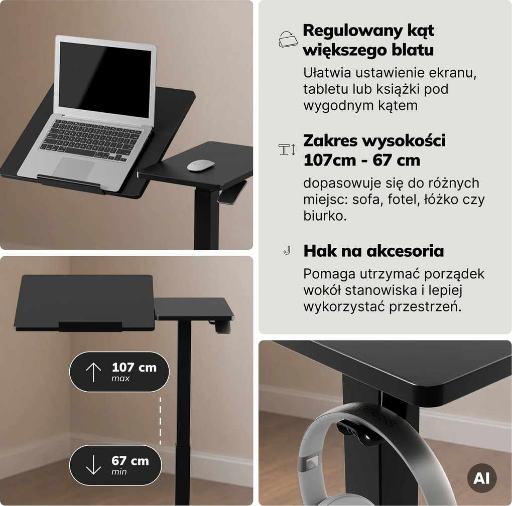 Stolik pod laptopa regulowany, mobilny, wielofunkcyjny, czarny: BILL