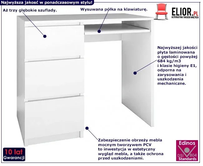 Białe młodzieżowe biurko lewostronne - Erza 2X