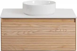 Zestaw Wiszących Mebli Łazienkowych Z Drewna Jesionowego Tedrik Popielaty Brąz & Okrągły Ceramiczny Biały Ø40 Cm - Sklum