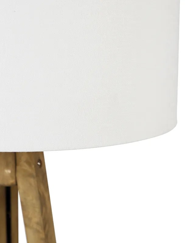 Rustykalna lampa stojąca na trójnogu z drewnianą podstawą vintage z białym kloszem 50 cm - Tripod Classic Rustykalny / Vintage Oswietlenie wewnetrzne