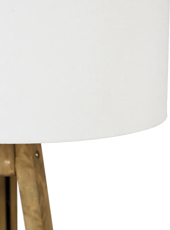 Rustykalna lampa stojąca na trójnogu z drewnianą podstawą vintage z białym kloszem 50 cm - Tripod Classic