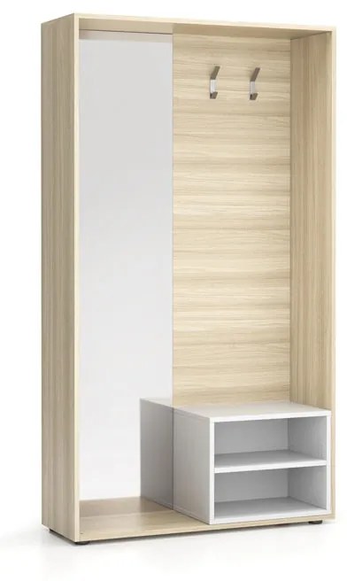 Wieszak ścienny BORDER z półką na buty i lustrem, 2 haczyki, naturalny dąb/biała