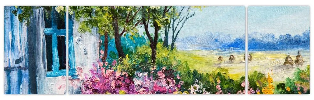 Obraz ogrodu przed domem, obraz olejny (170x50 cm)